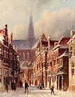 A Snowy Street With The St. Bavo Beyond, Haarlem by Pieter Gerard Vertin